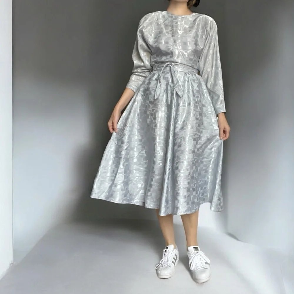 Vintage 80s Leslie Fay Jacquard Metallic Midi Dress Small - Picture 2 of 16